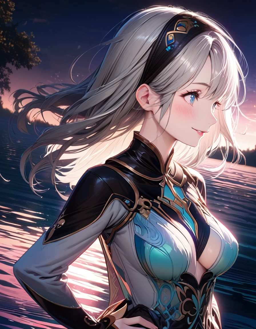  beautiful girl, long pale grey hair, beautiful face,smiling,close up to hips, medium breast, in the middle of beautiful lake, (open mouth:0.4),illustration,detailed textures(realists),ultra-detailed,portrait style,vivid colors,soft lighting, blushing, mature, hair fluttering, cool moonlight light, ((half body)), wearing intricate clothes, perky. ((side profile until hips)), head bands, cleavages:0.4