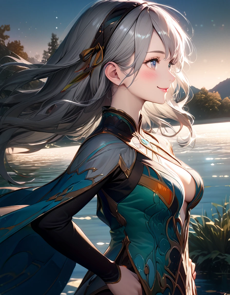 beautiful girl, long pale grey hair, beautiful face,smiling,close up to hips, medium breast, in the middle of beautiful lake, (open mouth:0.4),illustration,detailed textures(realists),ultra-detailed,portrait style,vivid colors,soft lighting, blushing, mature, hair fluttering, cool moonlight light, ((half body)), wearing intricate clothes, perky. ((side profile until hips)), head bands, cleavages:0.4