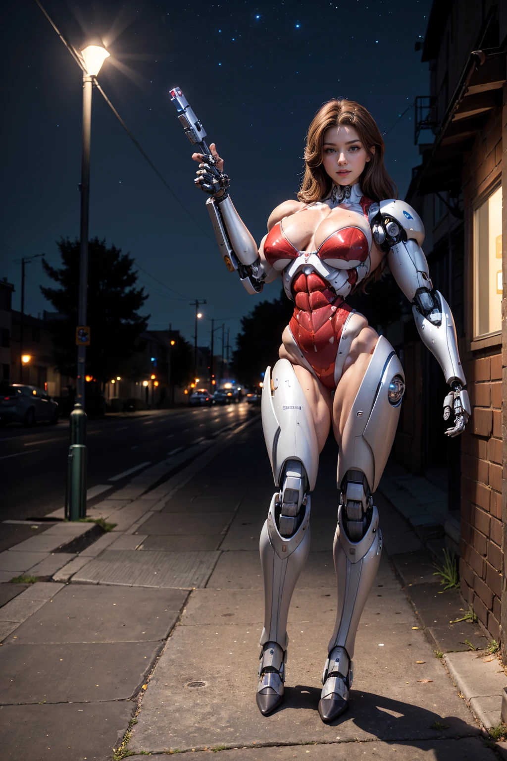 (Muscular:1.8), (thick thighs:1), (large round breasts:1), (large muscular chest and shoulders:1.4), FEMALE, brown hair, long brown hair, (big smile:0), (tight mecha arm, tall cute cyborg:1.5), looking at viewer, (three quarter view:1.3), upper body view, (sidewalk at night:1.5), dark lighting, detailed skin, detailed eyes, (dark skin:1.), (very thin waist:1.3), (huge round muscles:1.5),