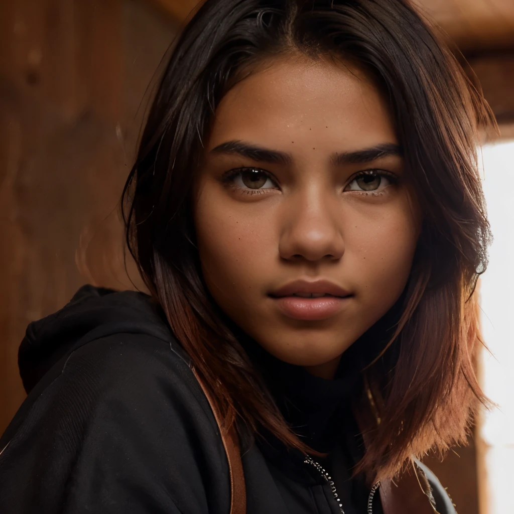 A photo of a young teenage girl, ((Tupi Guarani Girl)), ((Tupinambá)), ((adolescent)), ((ar old)((tanned skintone)), ((Features of the faces of Taylor Lautner and Adriana Lima)), ((Long pixie cut hair)), (slickedback hair), ((Red dyed hair color)), Fluid Hairstyle, pores, realisic skin, (greeneyes), Using makeup, ((Wearing tomboy clothes: 1.0)), tomboy style, winter clothing, fundo futuristico, focused face, portraite, gazing at viewer