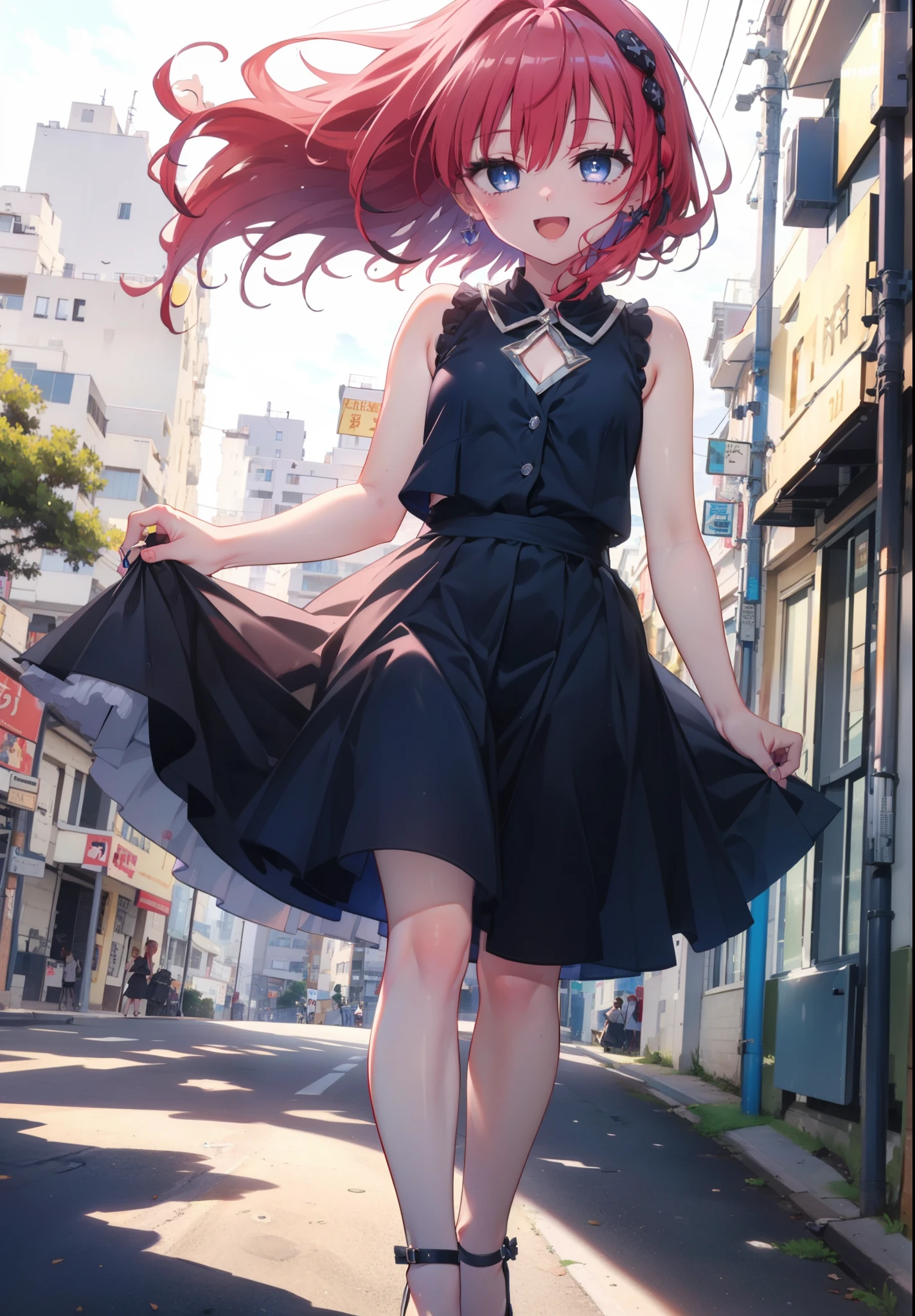 (masterpiece, Highest quality:1.2),shape,8K,High resolution,Say something happy smile, smile, Open your mouth,,Redhead,Long Hair,Purple eyes,1 Girl,sleeveless black dress,Bare arms,Black long skirt,Cute Sandals,walking,Daytime,Clear skies,
break looking at viewer,whole body,
break outdoors, Coastal Road,
break (masterpiece:1.2), Highest quality, High resolution, ユニティ 8K 壁紙, (shape:0.8), (Beautiful and beautiful eyes:1.6), Highly detailed face, Perfect lighting, Highly detailed CG, (Perfect hands, Perfect Anatomy),