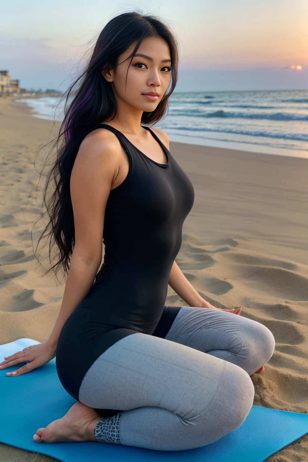 arafed woman with long black hair with purple highlights sitting on the beach (((meditating))), flowing black hair, with black hair, photo of a beautiful woman, long flowing black hair, black golden hour, curly black hair, beautiful young asian woman, beautiful asian woman, wild ginger hair, black wispy hair, light black hair, a young asian woman, an asian woman, infp young woman, Portrait photo of a 24-year-old french girl in RAW UHD format (Brown-eyed woman),  Details (textures! , Hair! , glistering, Color!! , imperfections: 1.1),   DSLR Lighting, SLR camera, Ultra-Quality, sharpness, Film grain (Downtown), Fujifilm XT3, Crystal clear, Frame Center, beatiful face, sharp-focus, bokeh (lit), day time, (open sky), detailed skin pores, oilly skin, suntan, Complex eye details, people in the background, (((long distance, full body))), beautiful face, (((yoga suit))),  (((sand in the background))), crossed legs, ((lotus position))