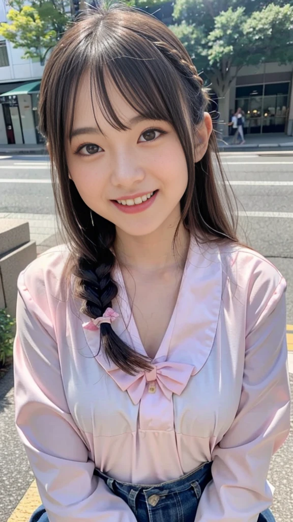 Raw photo、Ultra-realistic、Ultra detailed face、Detail lips、Detailed eyes、High school girl smiling showing her teeth、Long Hair:1.1、chest、Visible curves、Laughing with your mouth open 、Tokyo city角、 Whole body、( Slender body)、(Long Hair)、Big Breasts、Idol、(pastel colour)、18-year-old、Small face、Braid、 Tokyo city、Long beautiful legs 1.2、Curved waist、flower、uniform、blouse