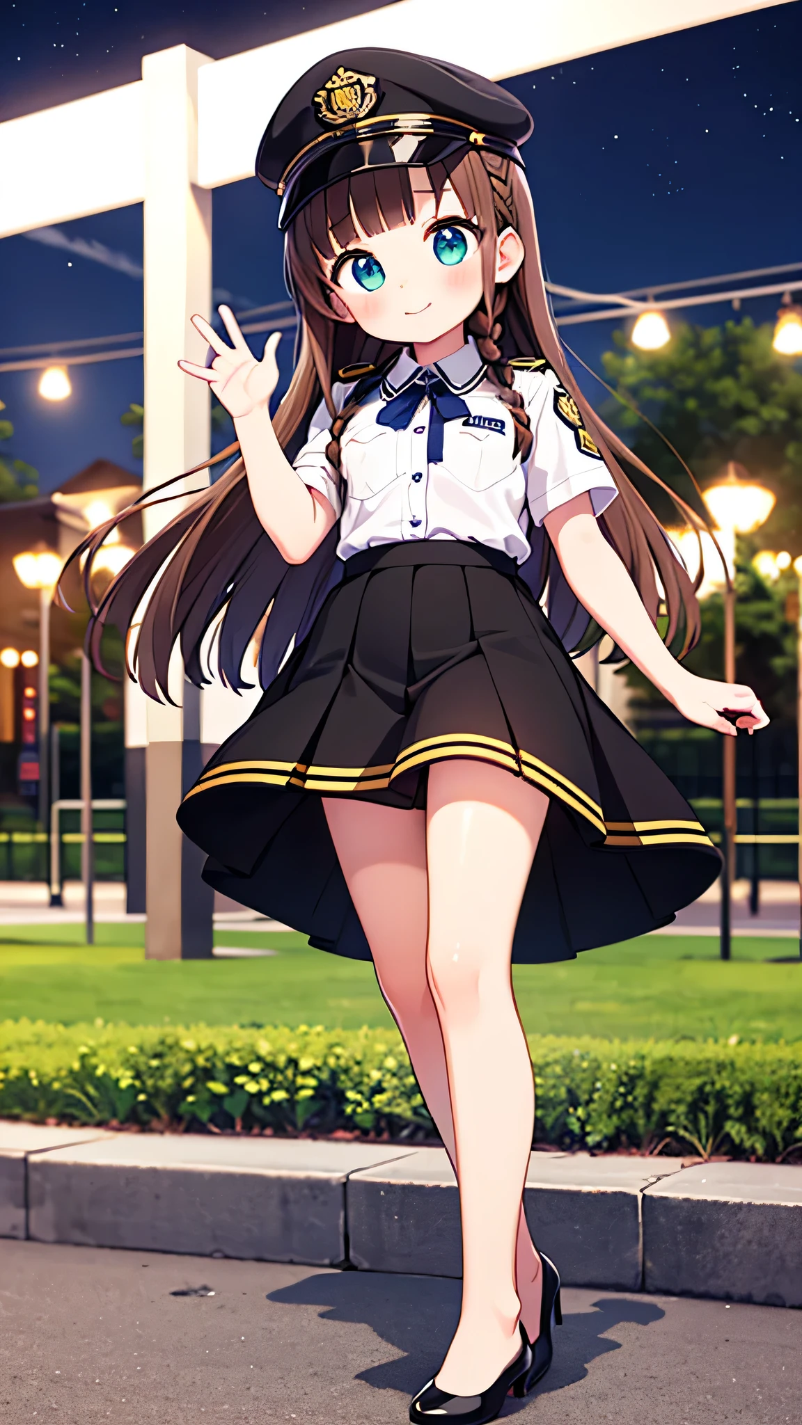 {Highest quality], [Super beautiful], [Ultra fine], [Best illustration], NSFW,Brown Hair, Hime cut,Braid, Long Hair, With bangs, girl, Uniform cap,Security uniform, smile, blush, Slender women,Short sleeve,Long straight skirt, Adult women,Strike a Pose,(Public）Night Park, diagonal,Bare feet and pumps, Plain black pumps