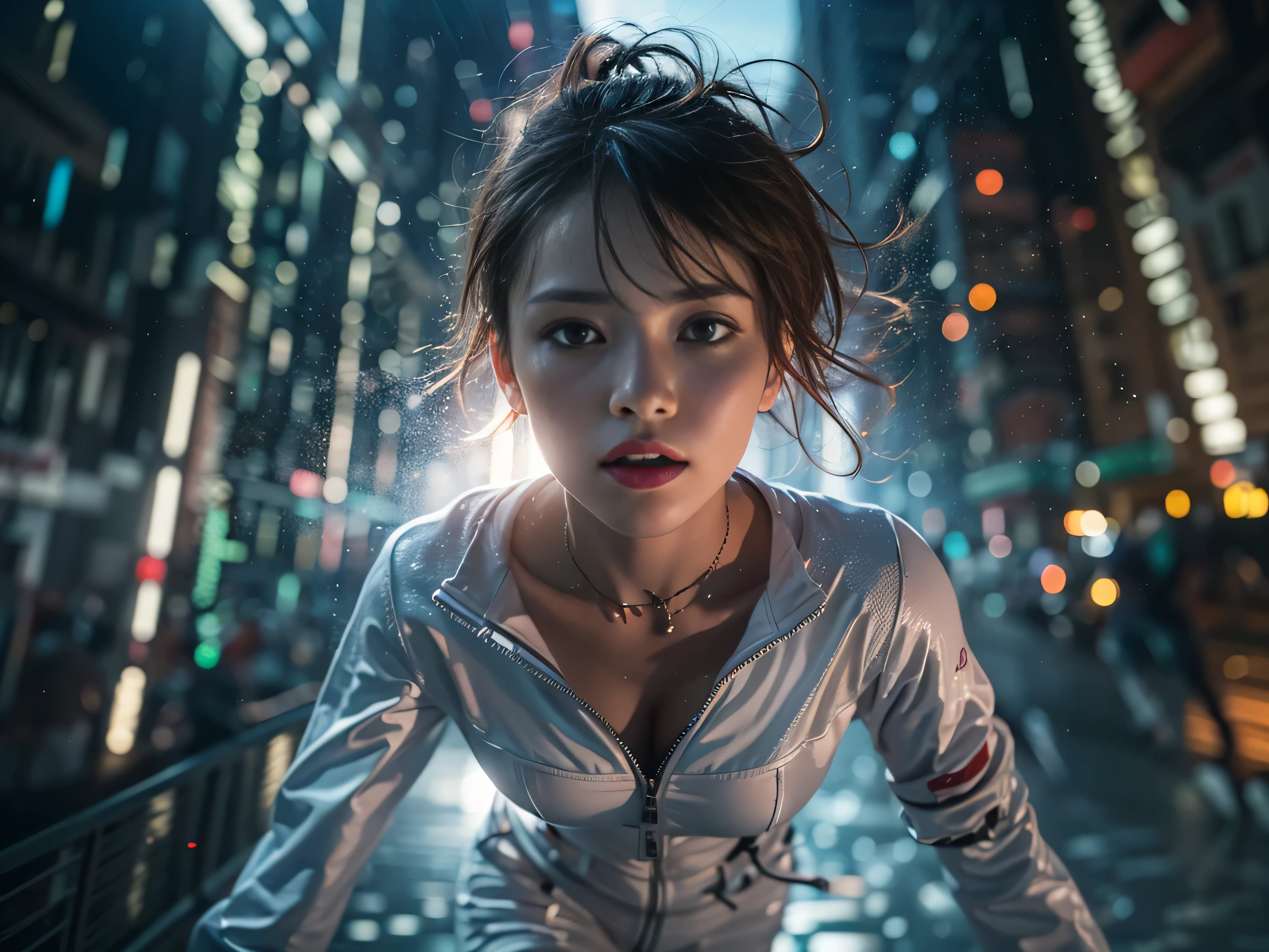 (RAW quality:1.4), Best image quality, Cinema Lighting, Octane Rendering, Ultra Sharp, 1 girl, Japanese, Troubled face, Glowing Skin, Detained fugitives, (Running at full speed:1.4), Brown Hair, Shortcuts, All-white pilot suit:1.3, Cleavage, cyber punk, A night sky filled with countless twinkling stars, Shining Milky Way, heavy rain:1.3, What's left behind, Laser beam attack, Big Explosion:1.3, Pillar of Fire:1.2, City in flames, flood, Wet Hair:1.5, Wet Skin:1.5, puddle, Fine Eyes, Fine skin, Camel Toe, Intensely detailed image quality, (Photo taken with an 8mm fisheye lens:1.4), Angle looking up from below:1.2, (Full-body photo), Soaking wet, The shutter speed is fast,