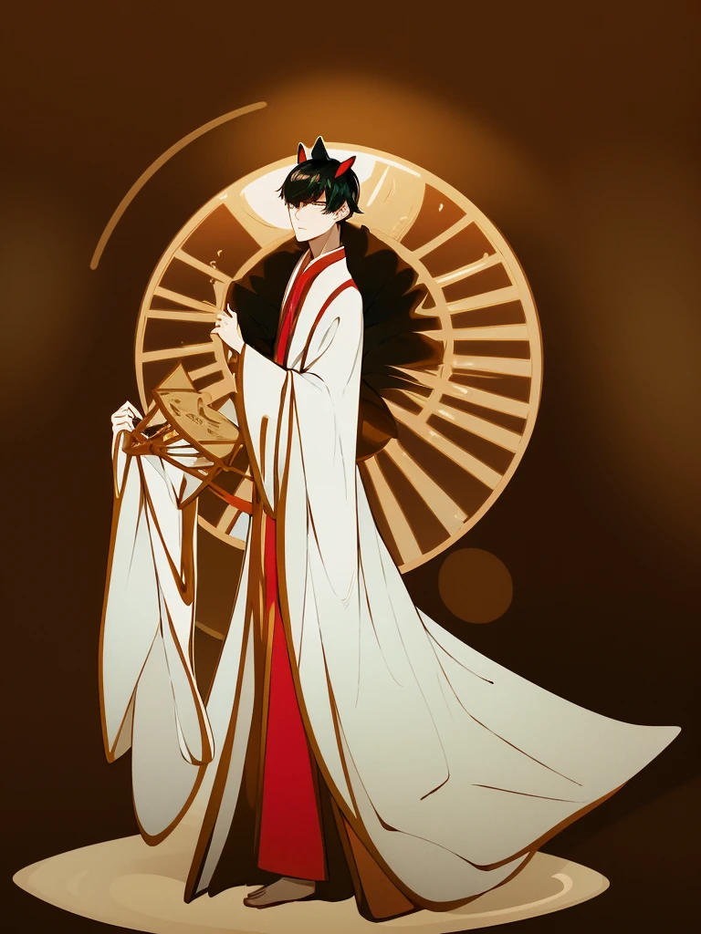 1boy, male, short black hair, with black kitsune ears, wearing an elegant, white, red, gold robe with floral design, holding a black fan, absurdres, high res, ultrasharp, 8K, masterpiece, looking at viewer, game icon institute, game icon, white background, official art