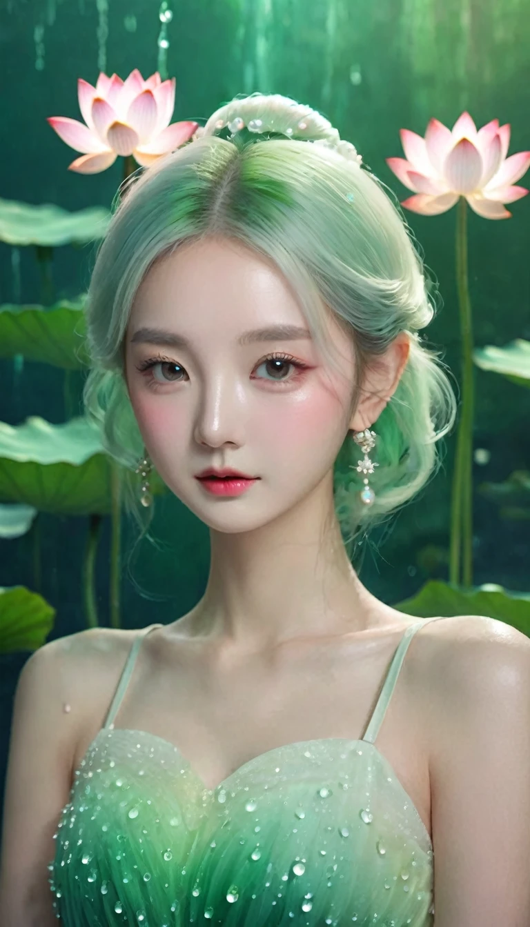 Lotus girl,Lotus fairy,Pink green gradient fluffy tulle skirt,Lotus hair accessories,Lotus Jewelry,The watery girl,dream,Delicate face,Facial details,bust,Water Drops,pearl,bust,Lotus background