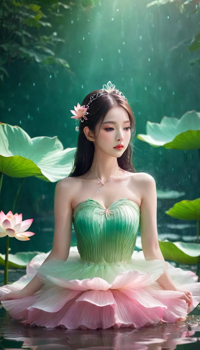Lotus girl,Lotus fairy,Pink green gradient fluffy tulle skirt,Lotus hair accessories,Lotus Jewelry,The watery girl,dream,Delicate face,Facial details,bust,Water Drops,pearl,bust,Lotus background