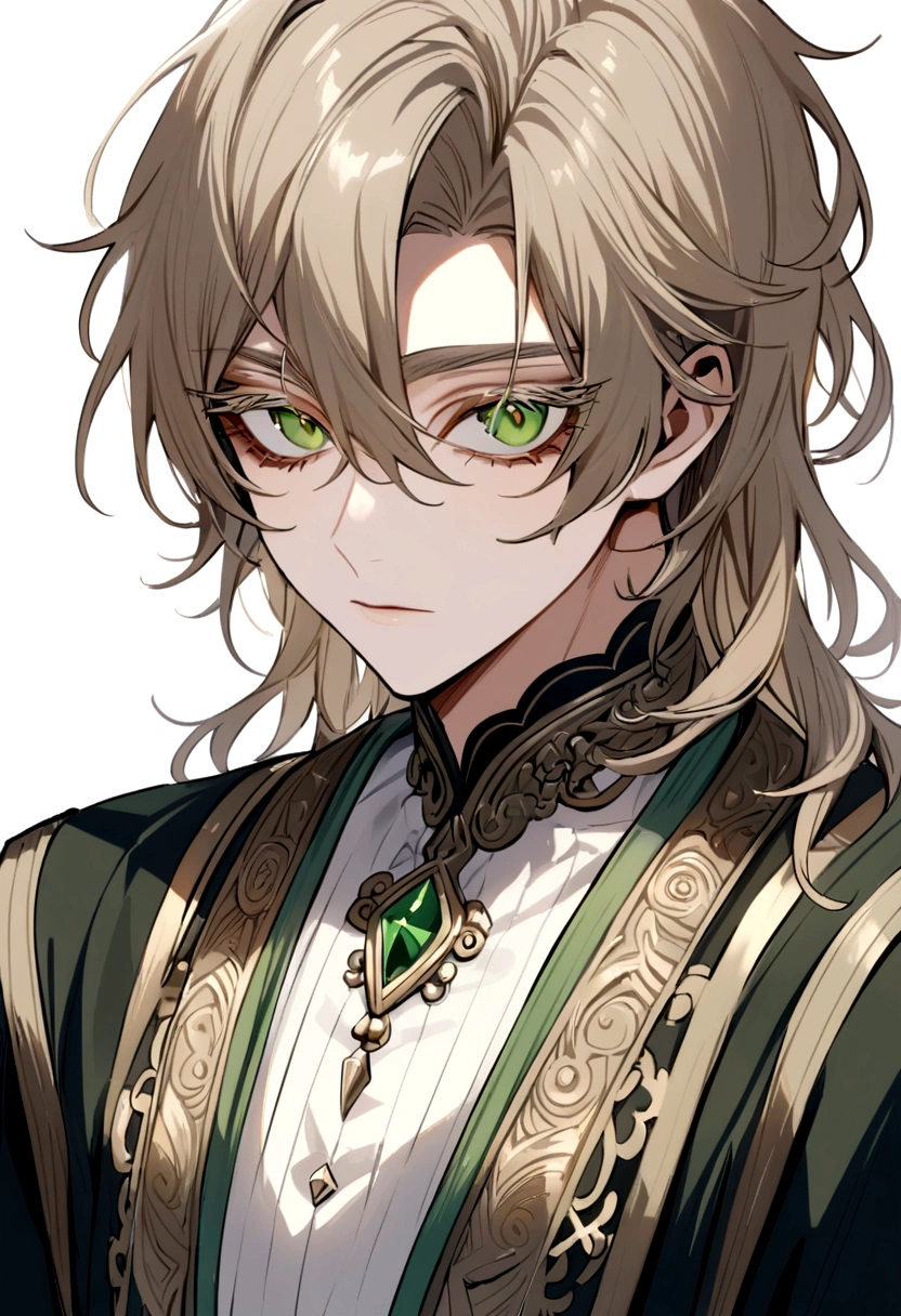 A male student a unique and captivating mix of green and hazel eyes, with long, thick eyelashes that only added to their allure. He has light brown-ish hair, and the tip of his hair is darker