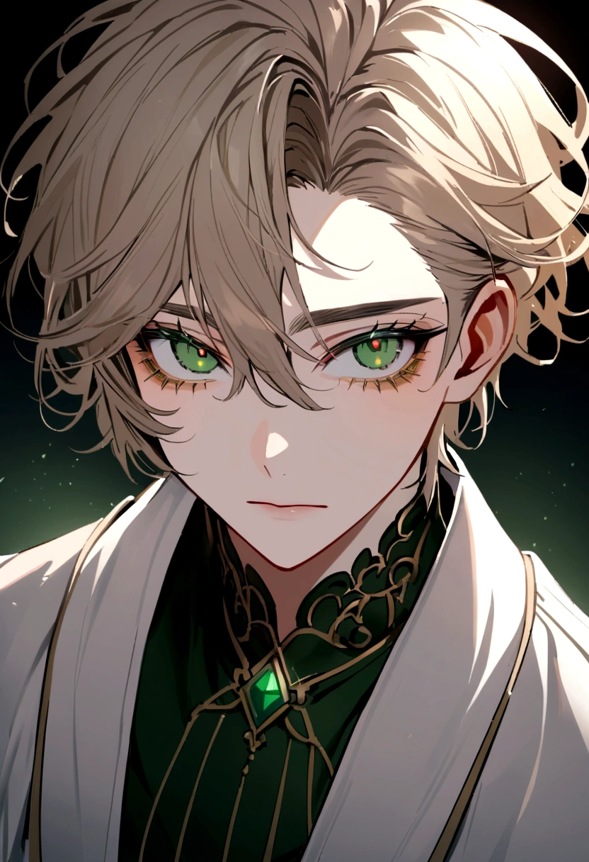 A male student a unique and captivating mix of green and hazel eyes, with long, thick eyelashes that only added to their allure. He has light brown-ish hair, and the tip of his hair is darker