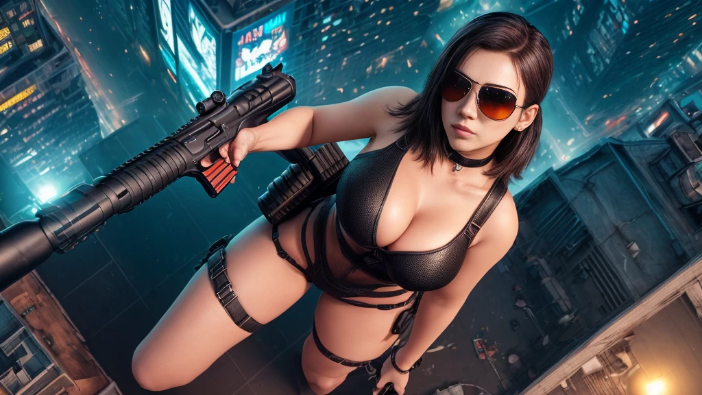 (((at night))), FPS gaming screen view, rooftop, (((high angle view))) of cyberpunk city, neon light hologram buildings, unreal engine 5 rendering, (((1Girl, solo))), large breasts, Chest exposed, breast cleavage, wide open ass, slim waist, dynamic seductive pose, ((​masterpiece:1.2)), top-quality, official art, detailed CG Unity 8K Wallpapers, artbook, Expressive Hues, Vibrant Palette, B deficiency and white clothes, (((matrix style black micro sunglasses))), (((((aiming with a short gun))))), (((looking at camera))), (((very low view))), (((((thigh level medium:1.1 shot))))).