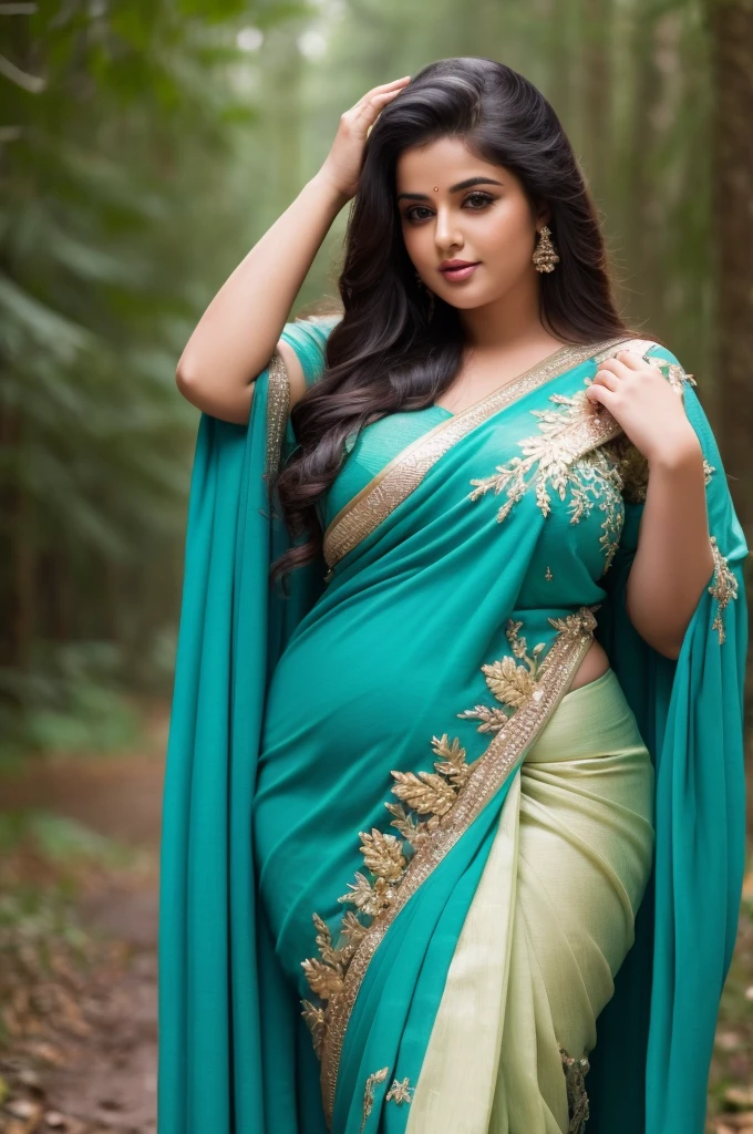 1 Heavenly beautiful and goddess beauty cute and sweet looking face Arabian woman in front of rainy forest, Heavenly beautiful Overweight, Heavenly beautiful Extremely fat, Heavenly beautiful and attractive Chubby figure , Heavenly beautiful looking and eye catching luxury style saree , reaching out, Heavenly beautiful Arabian woman, 16k, High resolution, masterpiece, highest quality, fine skin, close up figure view, Realistic Photograph