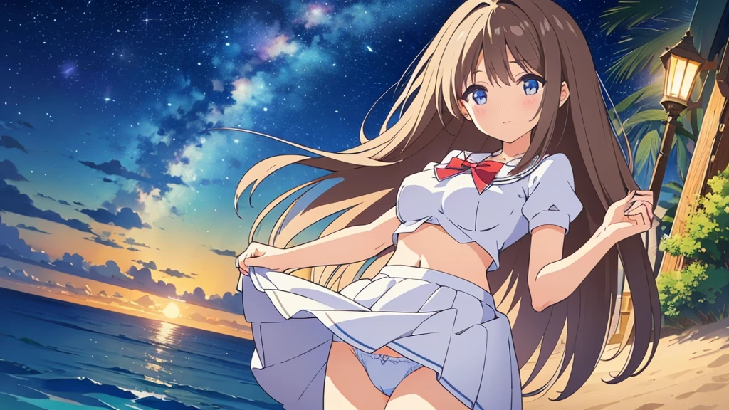 A nice white shirt that lets you see. 、Light blue flared skirt with ruffles、She lifts her skirt with both hands to show off her pretty white underwear.、Cute white underwear visible when you lift your skirt.、sandy beach, beautiful sea, night and starry sky small breasts
