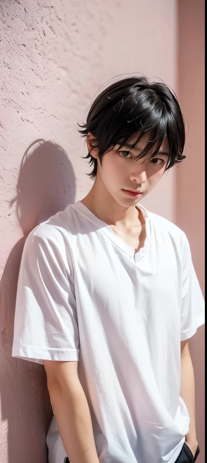 ((The cutest high school boy in Japan))、((A timid face))((Wearing a white short-sleeved shirt))、((Black hair mash))、((Against a simple pink wall))、((Look straight ahead))、((A photo of the person leaning towards me))