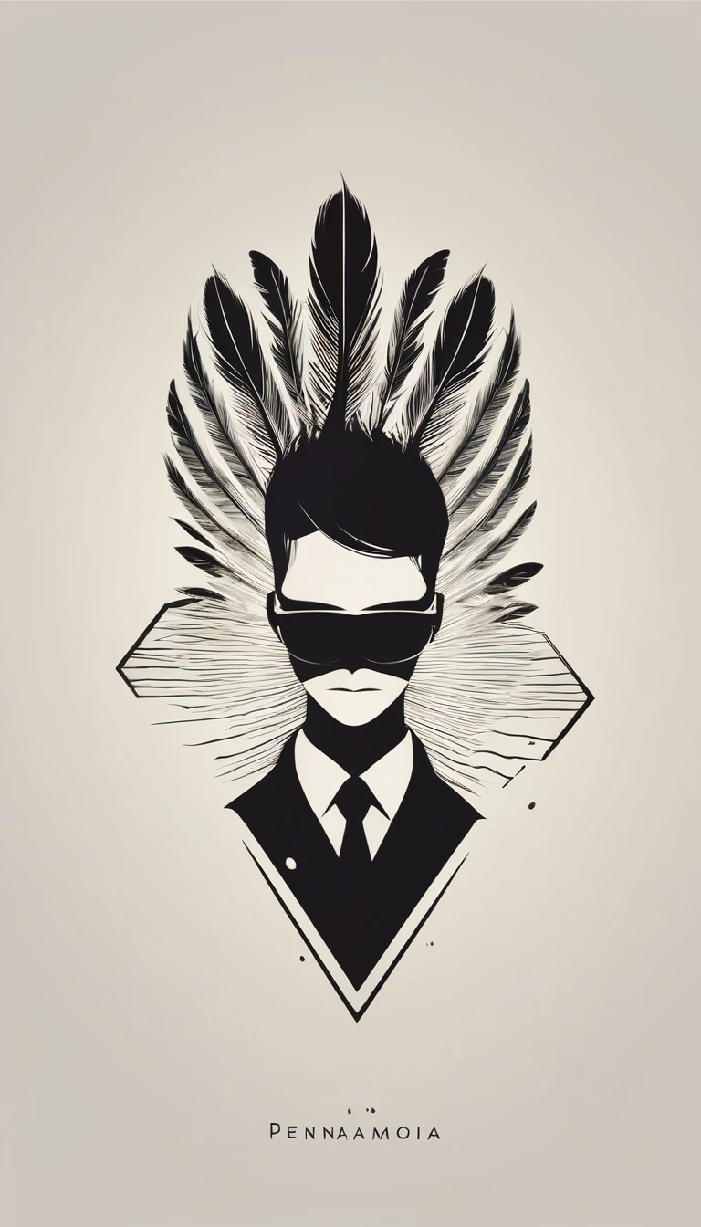 A minimal, modern, simple, cinematic logo design e of a boy with a head full of feathers for the brand “Penamemoria" .