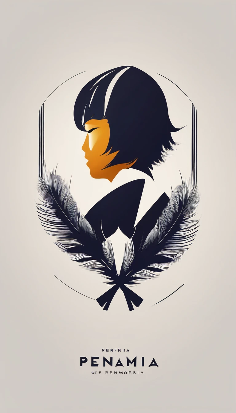 A minimal, modern, simple, cinematic logo design e of a boy with a head full of feathers for the brand “Penamemoria" .