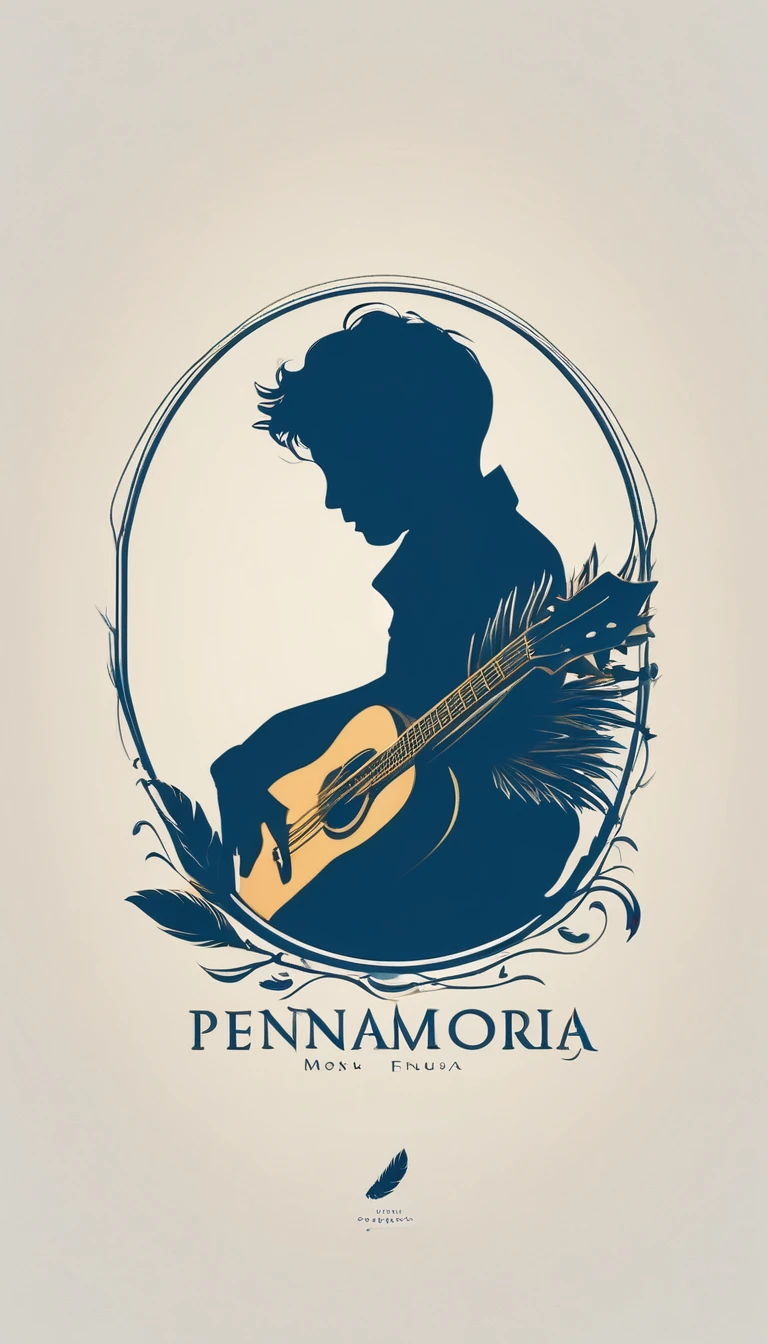 A minimal, modern, simple, cinematic logo design for the brand “Penamemoria". The logo design must be a simple, silhouette of a boy, standing up, playing acoustic guitar and fantasy feather by his side. The logo must convey a sense of music, stories, memories and dreams. Logo design impressed on a book cover. Minimalistic logo. Light blue, white and soft golden as colors for the logo design