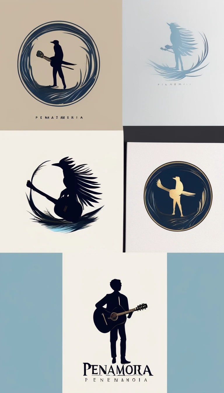 A minimal, modern, simple, cinematic logo design for the brand “Penamemoria". The logo design must be a simple, silhouette of a boy, standing up, playing acoustic guitar and fantasy feather by his side. The logo must convey a sense of music, stories, memories and dreams. Logo design impressed on a book cover. Minimalistic logo. Light blue, white and soft golden as colors for the logo design