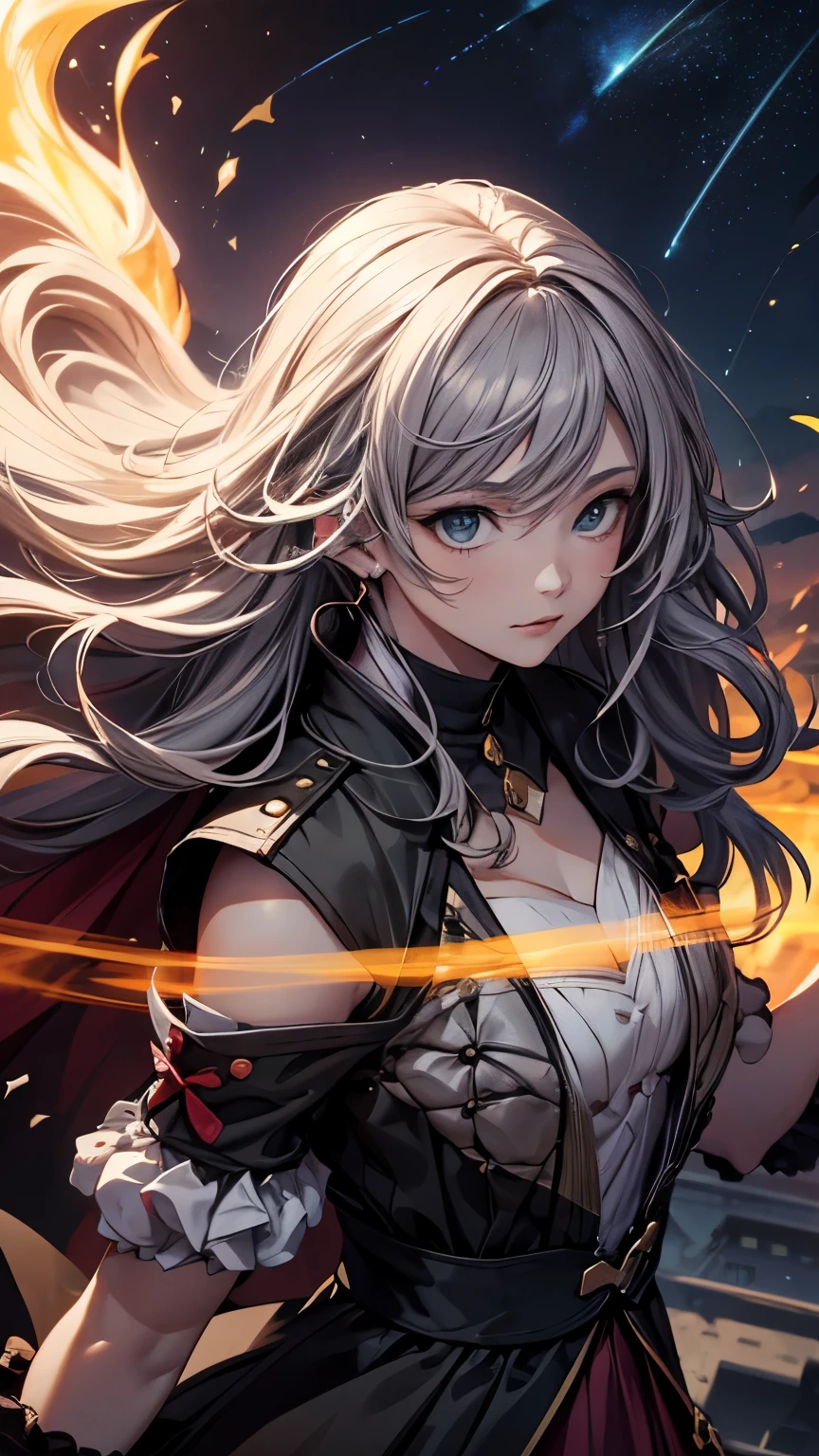 8K resolution, masterpiece, Highest quality, Award-winning works, unrealistic, From above, erotic, Only sexy women, healthy shaped body, 22 years old, Black Mage, Height: 165cm, Large, firm, swaying bust,, Silvery long wavy hair, Detailed facial depiction, break, god秘的な青い瞳, Standard nose, eyeliner, Pink Lips, Sexy long legs, Transparent muscle, holy knight, Gothic ruffle long dress, A dress with a complex structure, Seven colourful dresses, Clothed in flames, royal coat of arms, elegant, Very detailed, Delicate depiction of hair, Miniature Painting, Digital Painting, artステーションコンセプトart, Smooth, Sharp focus, shape, artジャム、Greg Rutkowski、Alphonse Mucha、William Adolphe Bouguereau、art：Stephanie Law , Royal Jewel, nature, Symmetric, Greg Rutkowski, Charlie Bowwater, unrealistic, Surreal, Dynamic Lighting, ファンタジーart, Complex colors, Colorful magic circle, flash, dynamic sexy pose, A kind smile, Mysterious Background, aura, A gentle gaze, break, Small faint lights and flying fireflies, night, lanthanum, 山の頂From above下界を見下ろす, Starry Sky, milky way, nebula, shooting star, god々輝く光を放つgod聖な杖, Back view, Facing the camera