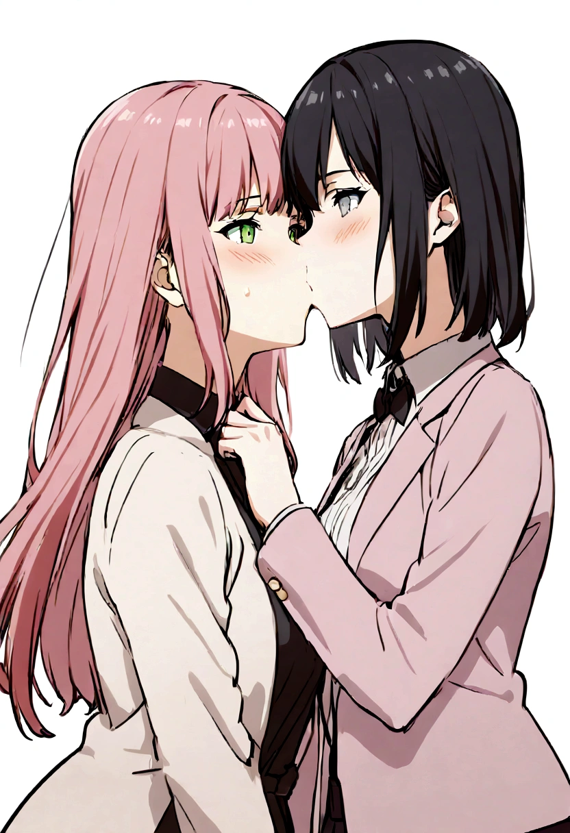 Two girls kissing, one with pink hair and green eyes, another with black hair and gray eyes.