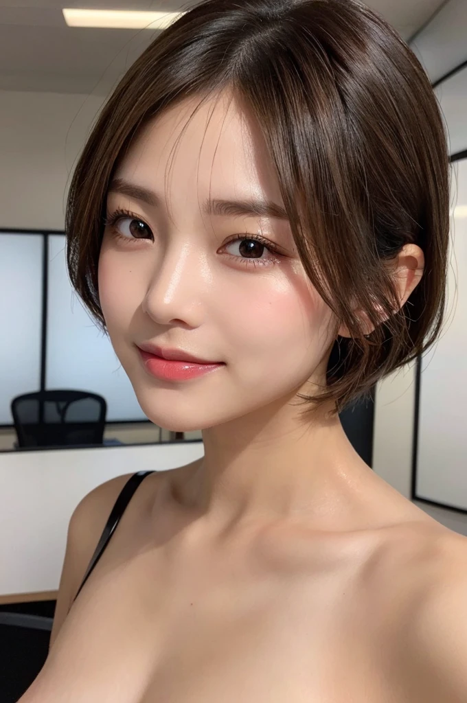 (masterpiece:1.3), high resolution, ultra detailed, extremely detailed CG unity 8k wallpaper, realistic, photo-realistic, RAW photo, beautiful detailed face, pale skin, realistic glistening skin, detailed cloth texture, detailed hair texture, Perfect body, Beautiful Face, accurate, Anatomically correct, Highly detailed face and skin texture, natural neck length, (beautiful hands), (fair skin:1.1), (well-aligned teeth:1.1), (Sweaty skin:1.2),
BREAK,
Detailed eyes, symmetric eyes, Light Brown eyes, Double eyelids, Thin eyebrows, (Glossy lips:1.4), ((A face with waiting for a kiss:1.2)), (blush:1.1), (A sparkling small hair accessory:1.1), (beautiful smile:1.1)
BREAK,
(A classy and Cute woman1.3), (nude, nsfw, nipple, navel:1.2),
BREAK,
medium large breasts, slender figure, firm abs,
((very short hair, Dark blonde hair, bangs:1.2)), (cowboy shot:1.3), (looking at viewer), From above,
BREAK,
(((standing at office:1.3))),
