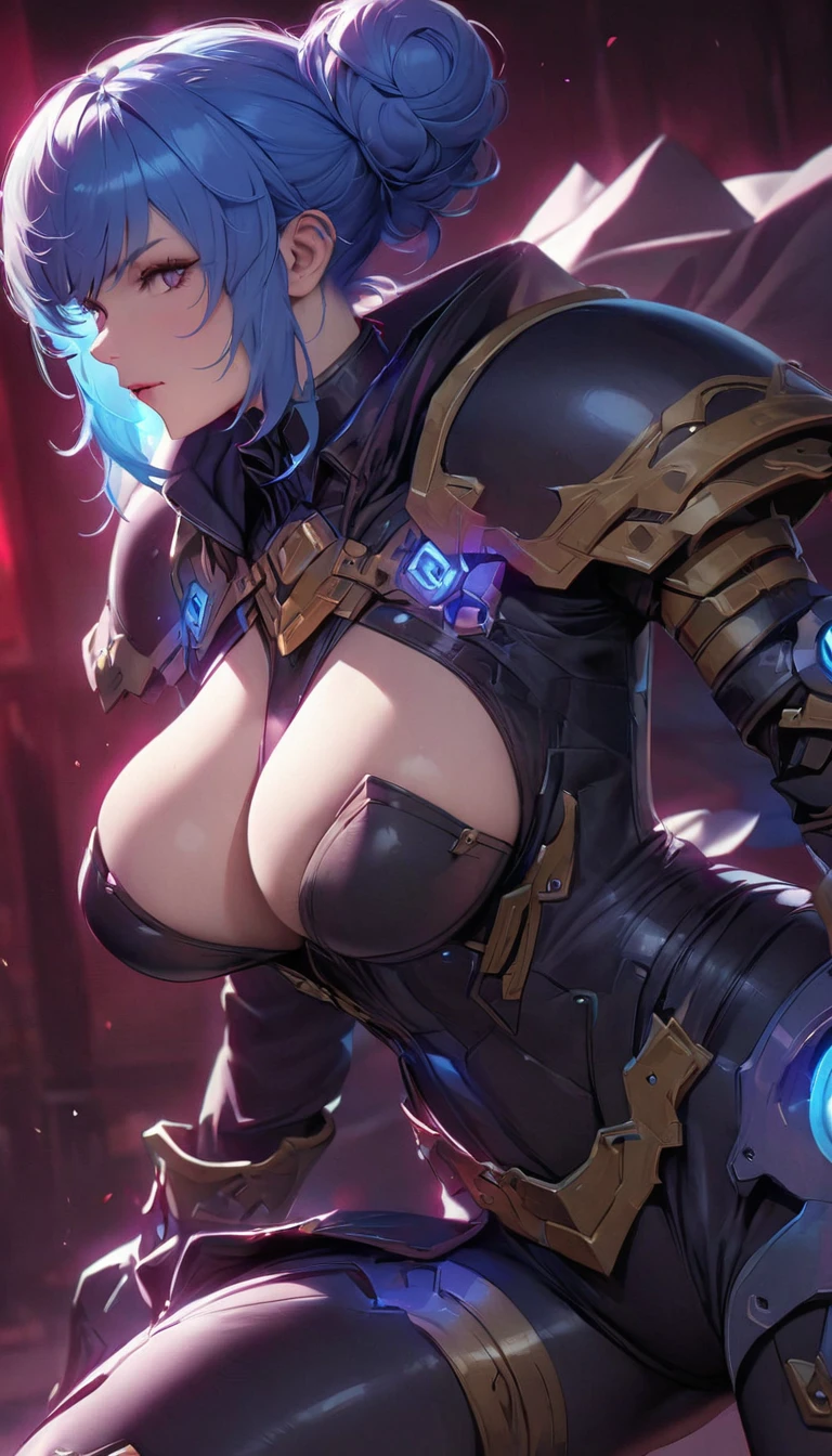 best quality,4k,8k,highres,masterpiece:1.2),ultra-detailed, extremely detailed eyes, extremely detailed body, (large masterpiece digital art), (detailed manga illustration), (detailed line art), ((perfect anatomy)), (intricate details:1.3), (ultra-detailed:1.3), (illustration:1.3), (sharp focus:1.3), (natural lighting:1.05), (vivid colors:1.3), (masterpiece), best quality, expressive eyes, perfect face, 1 girl, breasts, gloves, large breasts, {blue hair}, medium hair, wavy hair, (gray eyes), hourglass physique, huge ass, dynamic pose, dynamic lighting, fur trim, hair bun, glowing, crystal, delicate\(armor\), armor, ((full armor)), cuisses, shoulder armor, belt, hand guard, boots, glove, particles stream, creationmagic, ethereal creation, Magic Circle, glowing, crystal, jim lee, beautiful esd_woman, hair bun, fur trim, jewelry, crystal, wild energy, cinematic lighting, heroic atmosphere, Beautiful woman, Atey Ghailan, Jeremy Mann, Greg Manchess, Antonio Moro, trend in ArtStation, trend in CGSociety, Intricate, High Detail, Sharp focus, dramatic and photorealistic painting art by Midjourney and Greg Rutkowski, Marvel Cinematic Universe style, (((mystical gothic castle in the background))),
