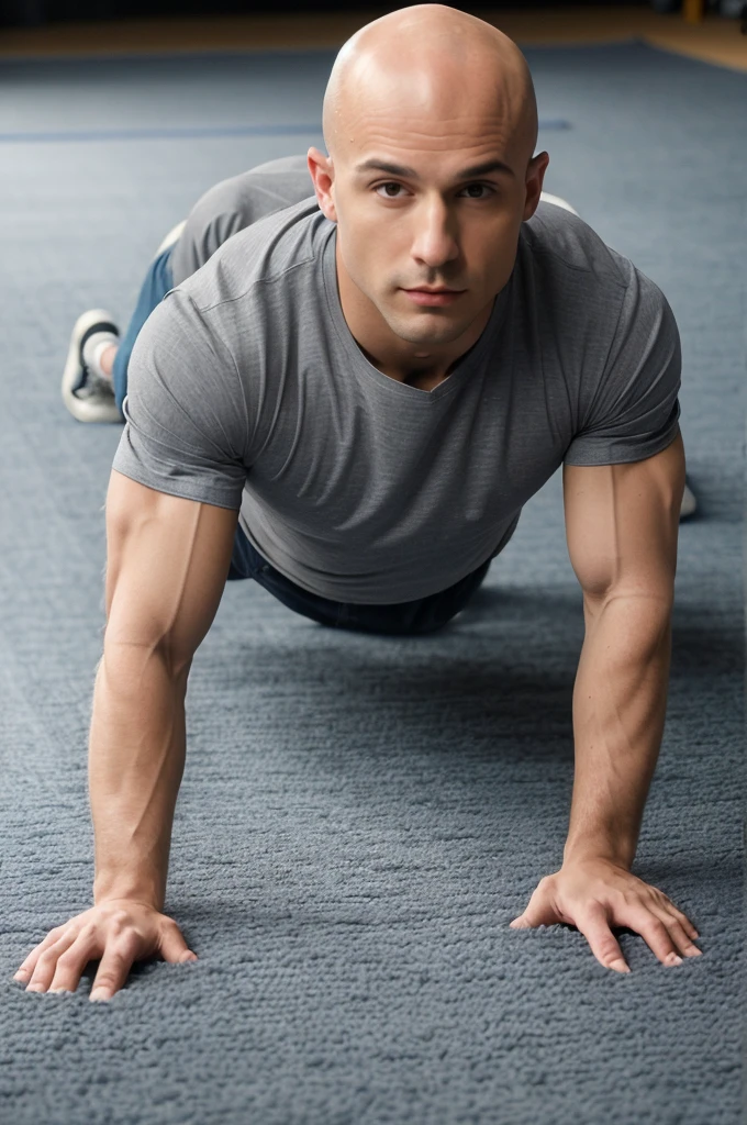 ((8k ((best quality)), ((masterpiece)), (very detailed), real face bald male muscular male full body wear grey shirt doing push ups on blue carpet