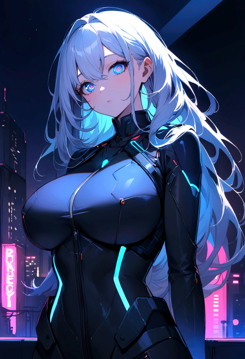 (masterpiece), (Highest quality), Ultra-high resolution, Sharp focus, ((1 female, alone)), whole body, Cyberpunk Theme, Beautiful detailed hair, Light blue hair, long hair hangs down, Beautifully detailed face, ((Beautifully shaped eyes, blue eyes)), Perfect feminine face, View your audience, Feminine navy blue cyberpunk outfit,refined armor, Brightly colored city neon lights, (At night:1.2),Large backpack