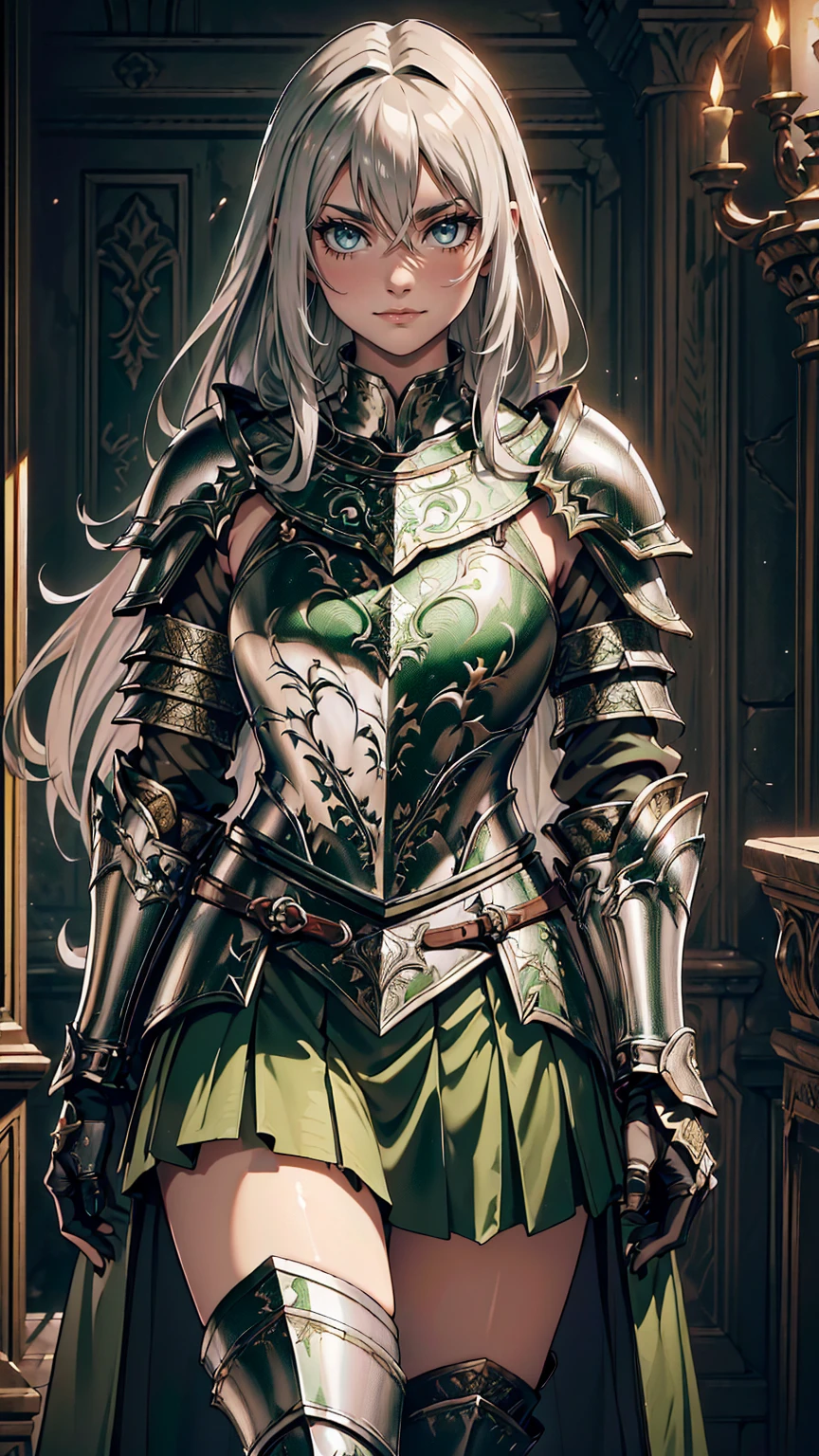 最high quality、Ultra High Definition, Ultra High Quality, Hyper Definition, Hyper Quality, Hyper Detailed, Extremely Detailed, Perfectly Detailed, Best image quality、masterpiece、woman((20-year-old、super dynamic pose , legs bent at the knees, Green solid eyes, Silver long Hair、Disheveled Hair、Long White Hair、thin, Glove、Green Skirt, Noble Armor, Smirk、Detailed Cuirass , Dressed in Full Coverage Noble Plate Armor)),high quality、Beautiful art、background((Inside the mansion))、Written boundary depth、 movie、Visual Arts、Perfect art、8K,Genuine、