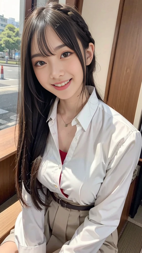 Raw photo、Ultra-realistic、Ultra detailed face、Detail lips、Detailed eyes、High school girl smiling showing her teeth、Long Hair:1.1、chest、Visible curves、Laughing with your mouth open 、Tokyo city角、 Whole body、( Slender body)、(Long Hair)、Big Breasts、Idol、(pastel colour)、18-year-old、Small face、Braid、 Tokyo city、Long beautiful legs 1.2、Curved waist、flower、uniform、blouse