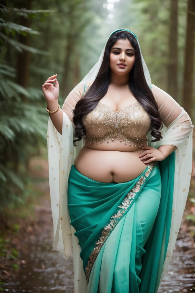 1 Heavenly beautiful and goddess beauty cute and sweet looking face Arabian woman in front of rainy forest, Heavenly beautiful Overweight, Heavenly beautiful Extremely fat, Heavenly beautiful and attractive Chubby figure , Heavenly beautiful looking and eye catching luxury style saree , reaching out, Heavenly beautiful Arabian woman, 16k, High resolution, masterpiece, highest quality, fine skin, close up figure view, Realistic Photograph