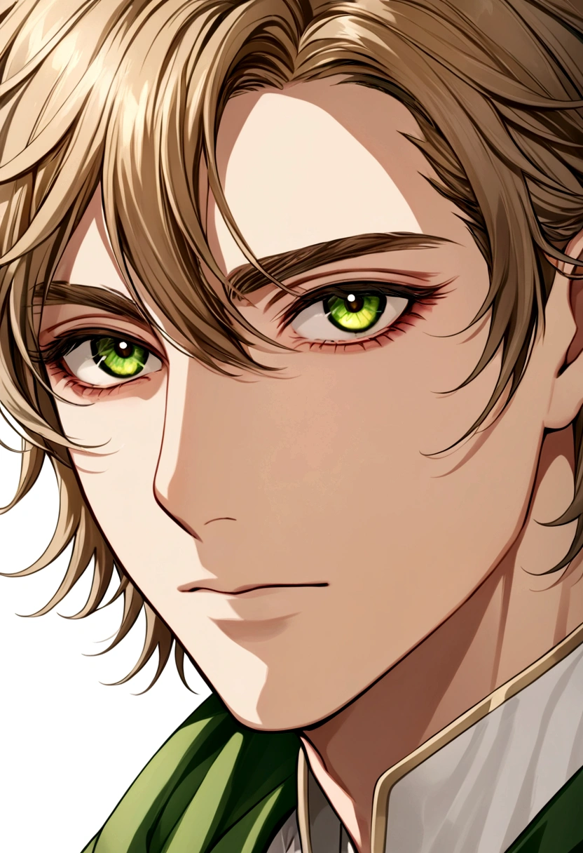 A male student a unique and captivating mix of green and hazel eyes, with long, thick eyelashes that only added to their allure. He has light brown-ish hair, and the tip of his hair is darker