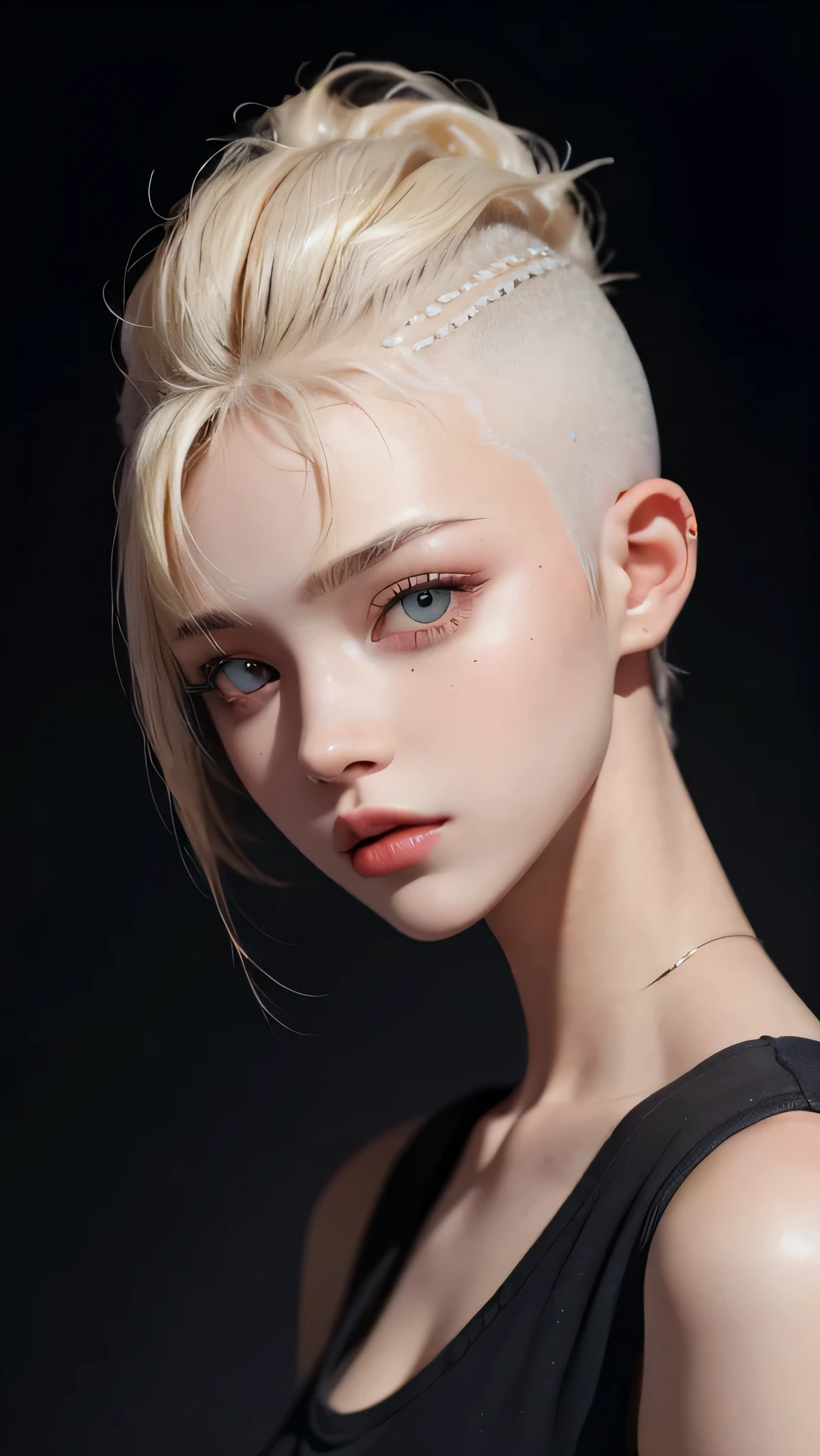 20-year-old woman, blonde, (High Top Fade:1.3), Dark Theme, Calm tone, Calm colors, High Contrast, (Natural skin texture, Hyperrealism, Soft Light, sharp)