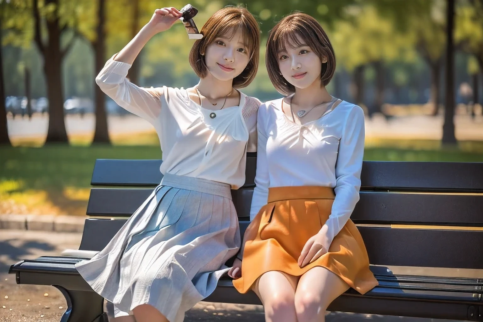 (Two girls, one 4 years old and one 18 years old.:1.5)、(sitting on a park bench:1.5)、(A kind smile:1.5)、(18 year old woman with children:1.5)、(The best quality at its best:1.4), (Super detailed), (Very detailed CG unified 16k), Beautiful woman with perfect figure: 1.4, Sharp focus: 1.2, Very detailed, High-quality RAW color photos, Professional photography, Great face and eyes, cosmetics, (Amazingly beautiful girl), ((White blouse with long flare skirt:1.5)), Realistic movie faces, Full body long view from head to toe, Realistic, ((Realistic natural orange red hairstyle)), ( Short Bob Hair:1.5), (necklace:1.5)、, Very beautiful face, Perfect model beauty, Mouth swelling, Highly detailed face and skin texture, Fine grain, double eyelid, Medium chest, (masterpiece), Highest quality, High resolution, Very detailed, Blurred Background, Depth of written boundary, Cinema Lighting, Great legs, , Clear, well-maintained skin,((Full body shot from head to toe:1.5))