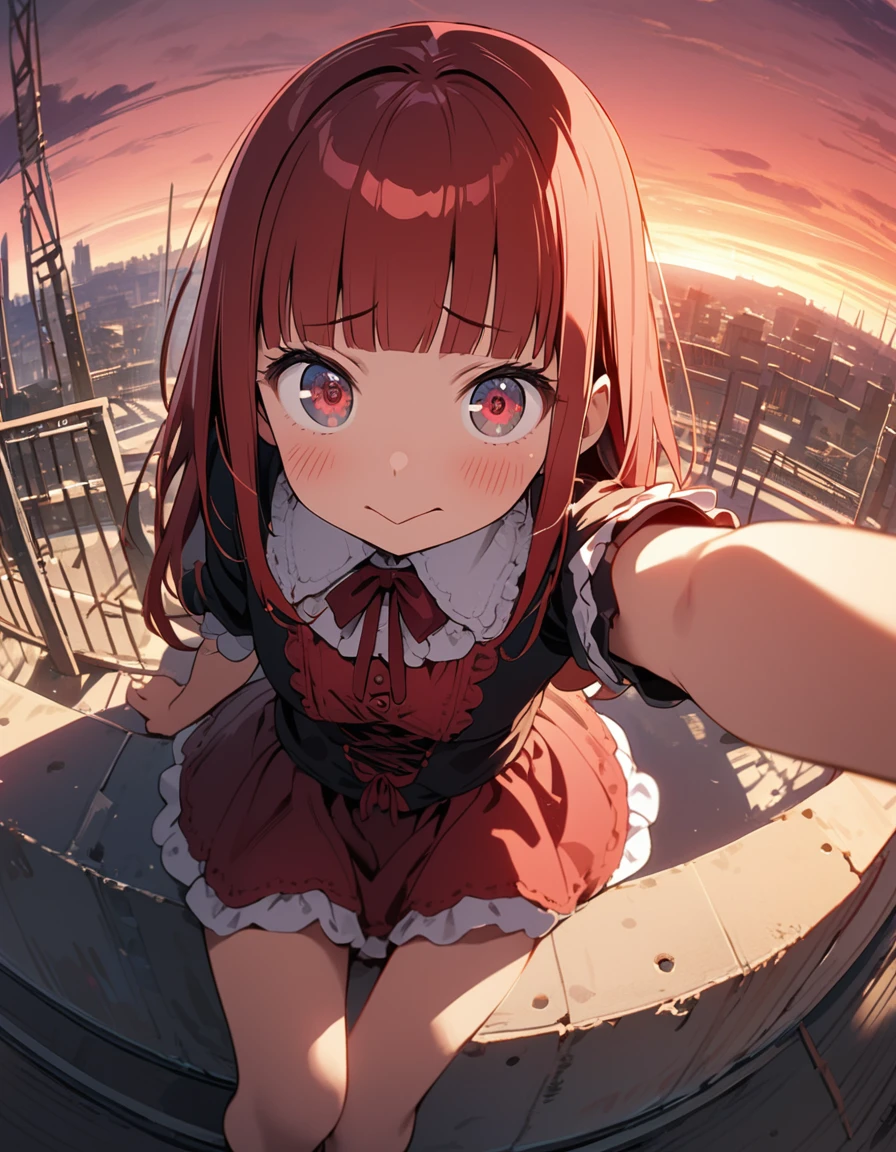 (8K, best quality, master piece: 1.2), super high resolution,novel illustration,1girl,16yo,ultra-detailed face,detailed eyes,mascara,:>,arched eyebrows,red hair,bashful,Lolita Fashion(red:1.4),cute,crimson Bustier,Straight Hair,Long Hair,blunt bangs,Sitting on top of a construction site,Shot from above,Reddish Sky at Sunset,Rim Light,Selfie,Fisheye,no black picture