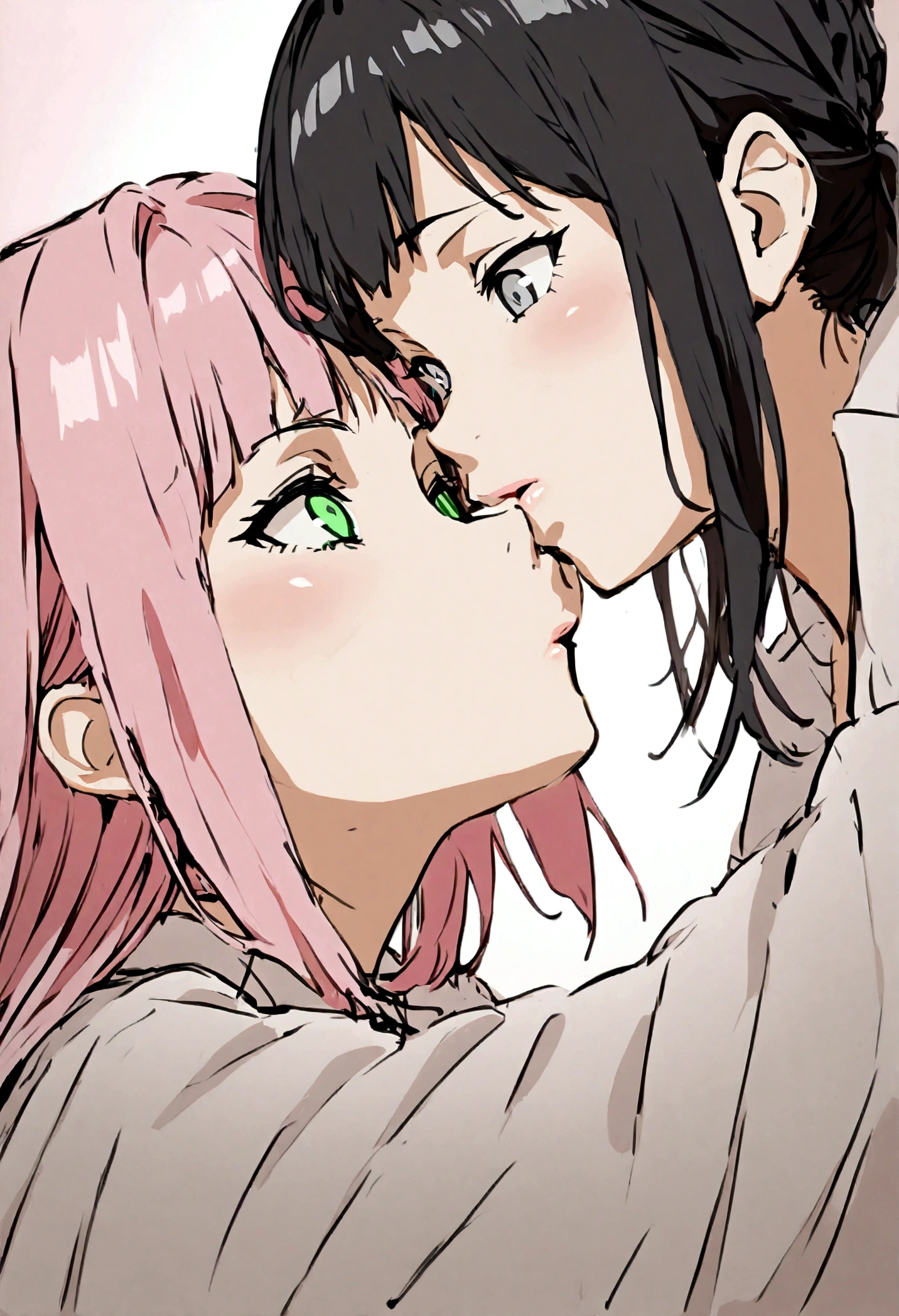Two girls kissing, one with pink hair and green eyes, another with black hair and gray eyes.