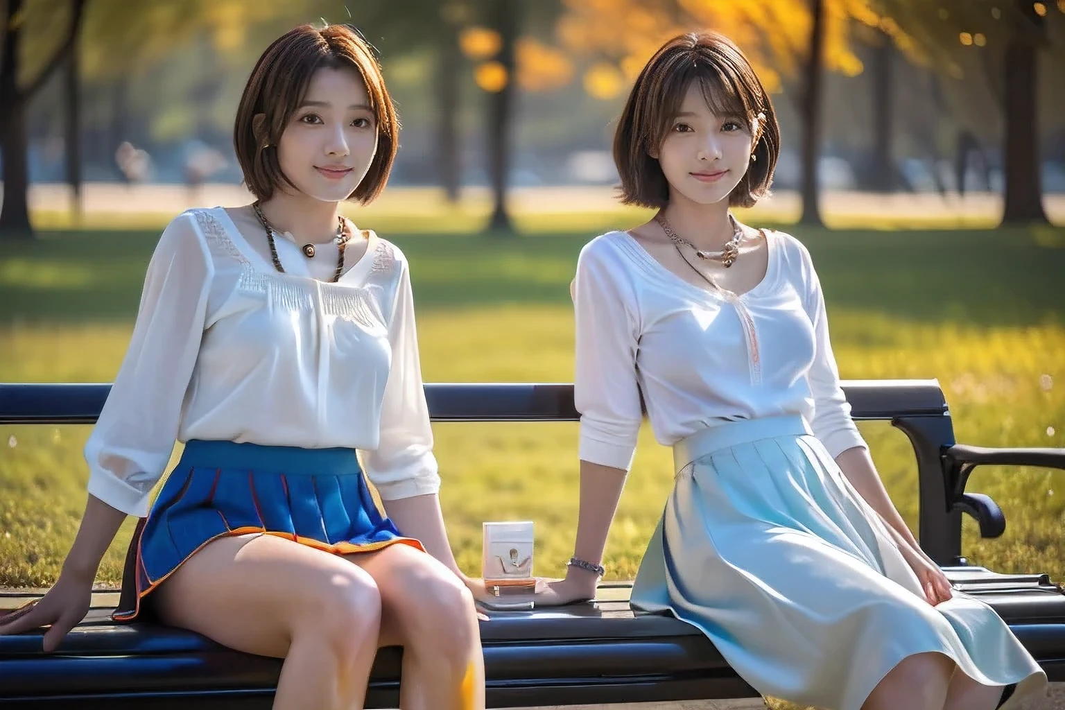 (Two girls, one 4 years old and one 18 years old.:1.5)、(sitting on a park bench:1.5)、(A kind smile:1.5)、(18 year old woman with children:1.5)、(The best quality at its best:1.4), (Super detailed), (Very detailed CG unified 16k), Beautiful woman with perfect figure: 1.4, Sharp focus: 1.2, Very detailed, High-quality RAW color photos, Professional photography, Great face and eyes, cosmetics, (Amazingly beautiful girl), ((White blouse with long flare skirt:1.5)), Realistic movie faces, Full body long view from head to toe, Realistic, ((Realistic natural orange red hairstyle)), ( Short Bob Hair:1.5), (necklace:1.5)、, Very beautiful face, Perfect model beauty, Mouth swelling, Highly detailed face and skin texture, Fine grain, double eyelid, Medium chest, (masterpiece), Highest quality, High resolution, Very detailed, Blurred Background, Depth of written boundary, Cinema Lighting, Great legs, , Clear, well-maintained skin,((Full body shot from head to toe:1.5))