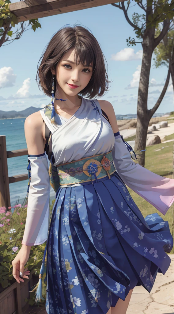 Masterpiece, Best quality, absurderes, Perfect anatomy, 1girll, Solo, YunaFFX, Heterochromia, Short hair, YunaOutfit, hair adornments, Detached sleeves, hakama, sash, Hakama skirt, Long skirt, Cowboy shot, Smile,