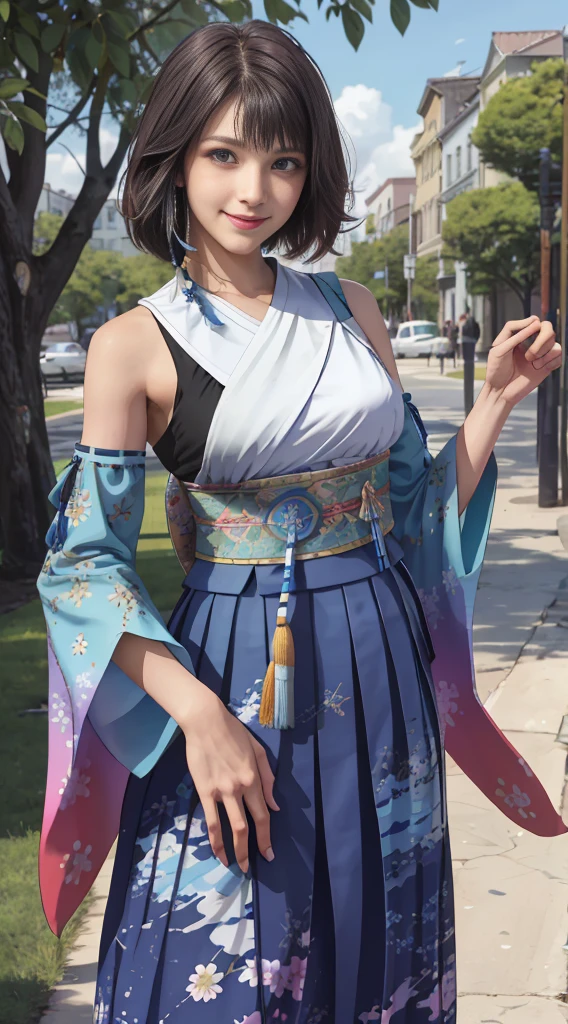 Masterpiece, Best quality, absurderes, Perfect anatomy, 1girll, Solo, YunaFFX, Heterochromia, Short hair, YunaOutfit, hair adornments, Detached sleeves, hakama, sash, Hakama skirt, Long skirt, Cowboy shot, Smile,
