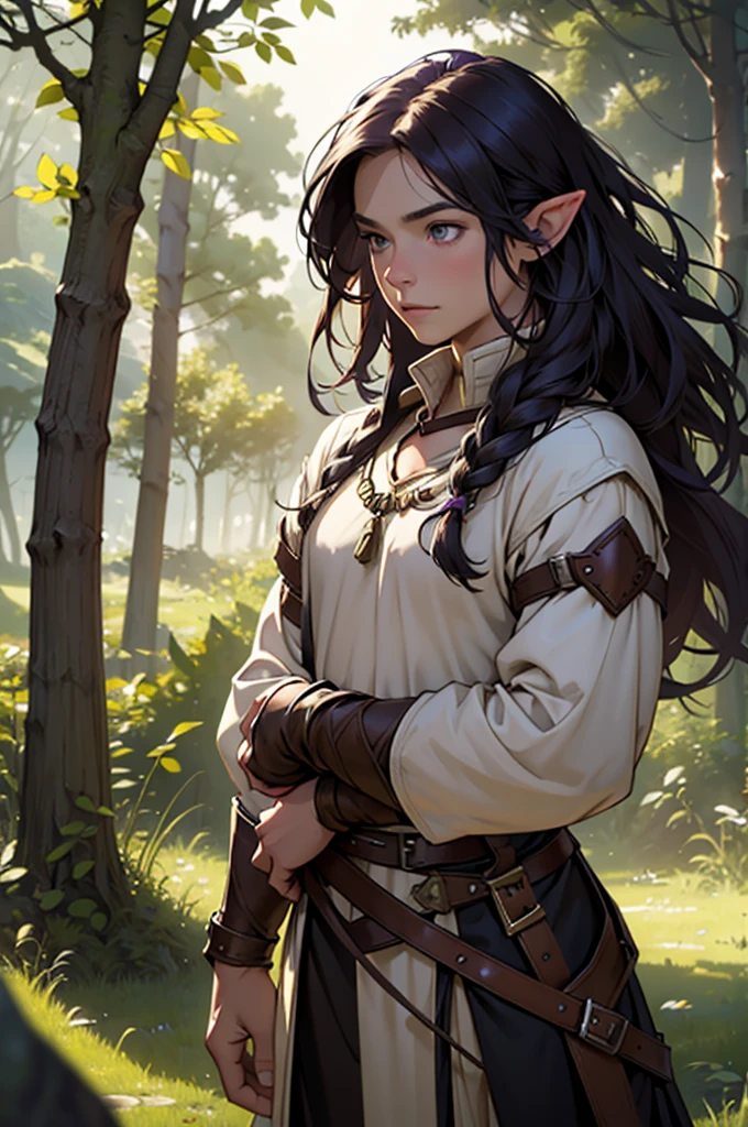 beste-Quality, masterpiece, extra high resolution, Detailed background, realistic, solo, ember, humanoid, fae, , in full height, Flies, faery, Little, Flies, Medieval Pathfinder Outfit, Pathfinder's Outfit, chaotic–neutral, male gender, horor \(subject\),Dark fantasy, Good Guy , Depth of field, Purple long hair.