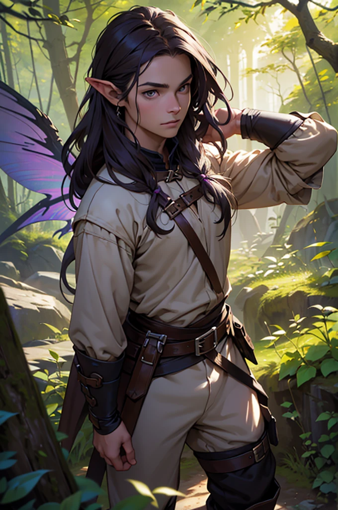 beste-Quality, masterpiece, extra high resolution, Detailed background, realistic, solo, ember, humanoid, fae, , in full height, Flies, faery, Little, Flies, Medieval Pathfinder Outfit, Pathfinder's Outfit, chaotic–neutral, male gender, horor \(subject\),Dark fantasy, Good Guy , Depth of field, Purple long hair.