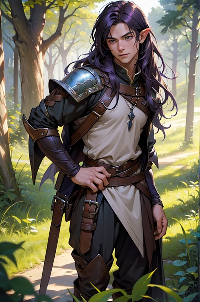 beste-Quality, masterpiece, extra high resolution, Detailed background, realistic, solo, ember, humanoid, fae, , in full height, Flies, faery, Little, Flies, Medieval Pathfinder Outfit, Pathfinder's Outfit, chaotic–neutral, male gender, horor \(subject\),Dark fantasy, Good Guy , Depth of field, Purple long hair.