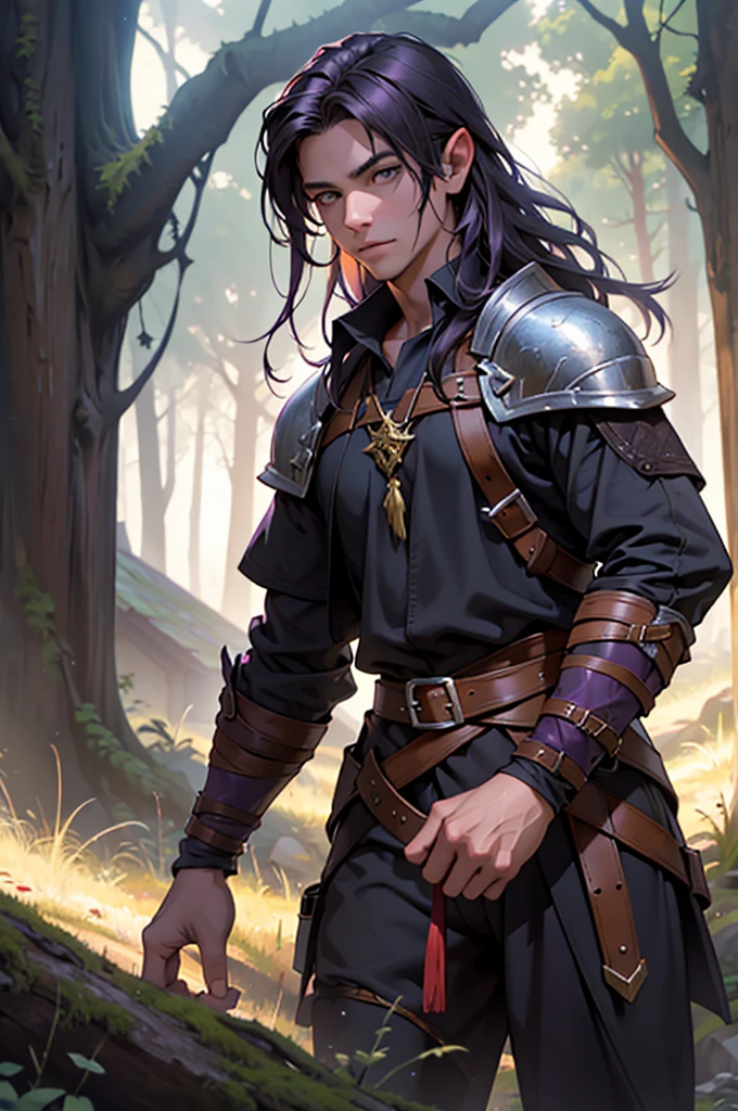 beste-Quality, masterpiece, extra high resolution, Detailed background, realistic, solo, ember, humanoid, fae, , in full height, Flies, faery, Little, Flies, Medieval Pathfinder Outfit, Pathfinder's Outfit, chaotic–neutral, male gender, horor \(subject\),Dark fantasy, Good Guy , Depth of field, Purple long hair.