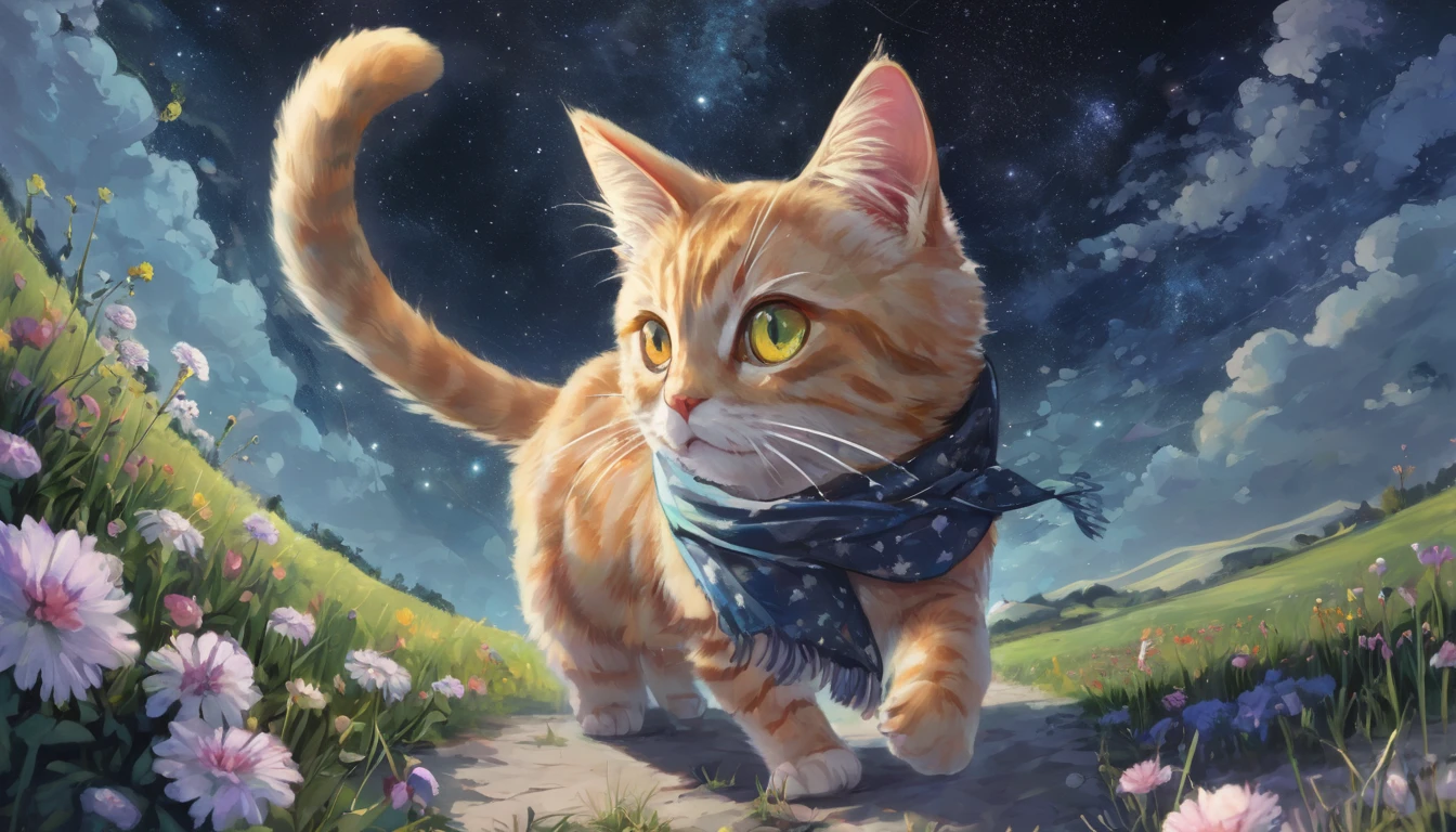 By Alaina Remar、A painting of a cat wearing a small silk scarf. The cat is walking and looks happy. Starry sky in summer night time. In the background there is a field with beautiful flowers.. Cat-focused movies, Dynamic pose, Dynamic Background, Dynamic configuration, Dynamic Lighting, Realistic proportions, High resolution, Ray Tracing, Very detailed, Super detailed, Intricate details, Very detailed雰囲気, Very detailedテクスチャ.