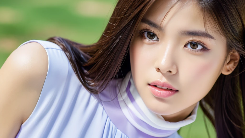 (detailed face),VIVID,pretty,sleeveless and turtle neck white silky clothes,4k ,super high resolution ,(photo-realistic: 1.7),background,long hair,