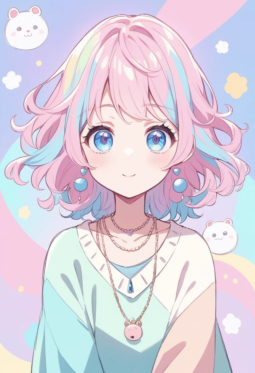 Anime girl with pink hair, blue eyes and necklace, anime style 4 k, cute art style, anime style portrait, beautiful Anime art style, cute anime girl, Anime art style, cute anime girl portrait, anime style. 8 k, portrait of cute anime girl, cute kawaii girl, cute anime girl portraits, colorful pastel, beautiful anime girl, kawaii realistic portrait
