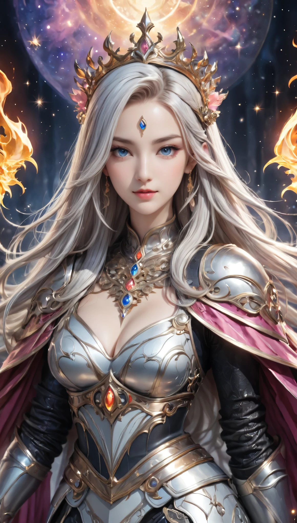 8K resolution, masterpiece, Highest quality, Award-winning works, unrealistic, From above, erotic, sole sexy lady, healthy shaped body, 22 years old, black mage, 165cm tall, huge firm bouncing busts,, white silver long wavy hair, Detailed facial depictions, Break, Mysterious blue eyes, Standard nose, Eyeliner, pink lips, sexy long legs, Clear skin, knight, Gothic armor, Complex structure of armor, Seven-colored colorful armor, Clothed in flames, Phoenix Crest, elegant, Very detailed, Delicate depiction of hair, miniature painting, Digital Painting, artステーション, コンセプトart, Smooth, Sharp focus, shape, artジャム、Greg Rutkowski、Alphonse Mucha、William Adolphe Bouguereau、art：Stephanie Law , Royal Jewel, nature, Symmetric, Greg Rutkowski, Charlie Bowwater, Unreal, Surreal, Dynamic Lighting, ファンタジーart, Complex colors, Colorful magic circle, flash, dynamic sexy poses, A kind smile, Mysterious Background, Aura, A gentle gaze, BREAK, Small faint lights and flying fireflies, night, lanthanum, 山の頂From above下界を見下ろす, Starry Sky, milky way, nebula, shooting star, God in the right hand々A sword that emits a brilliant light, Back view, Looking back towards the camera,