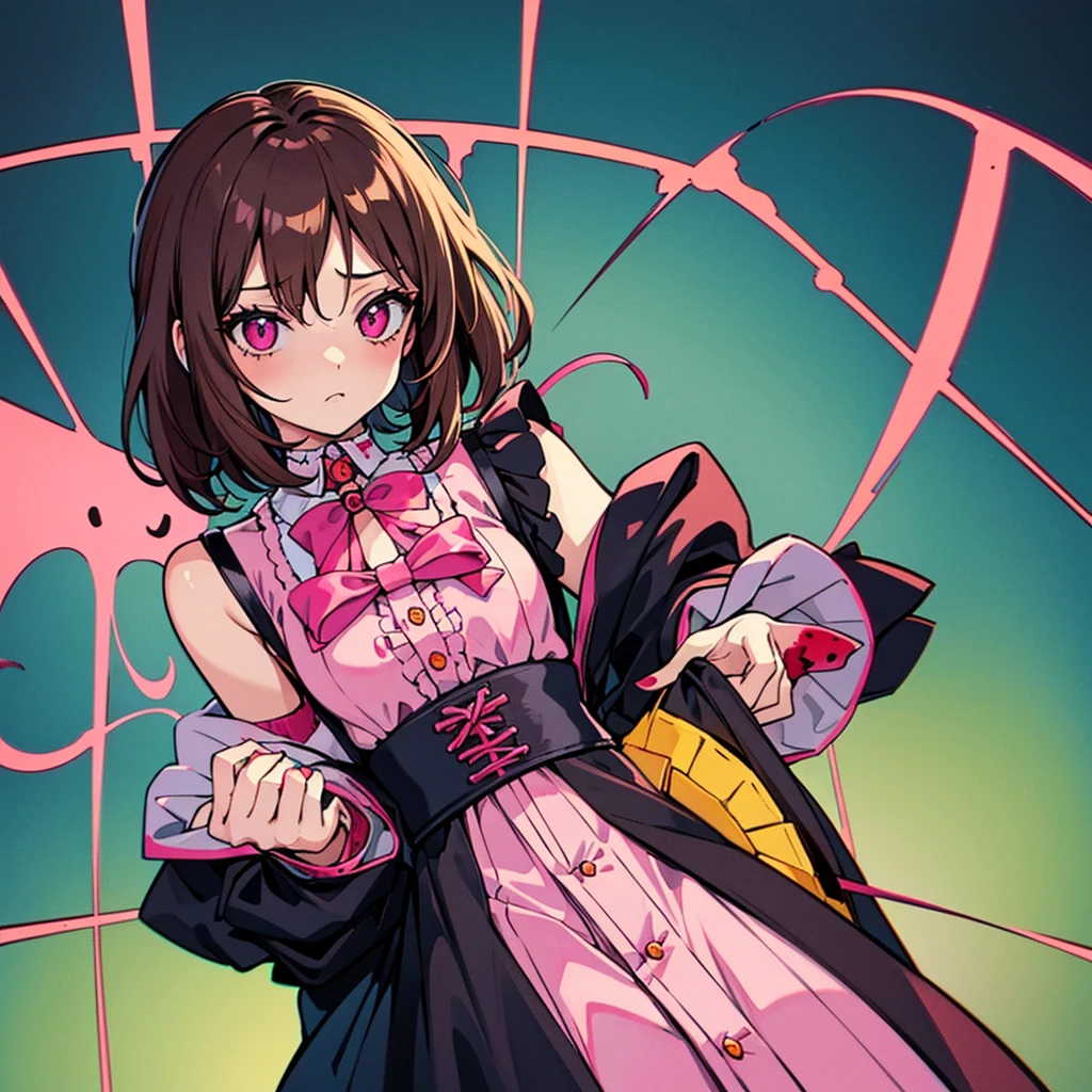 undead,doll,blood,beautiful girl,kawaii ,pink yellow clothes,bondage,vibrator, realism,1980s surrealism fashion anime illustration,brown hair