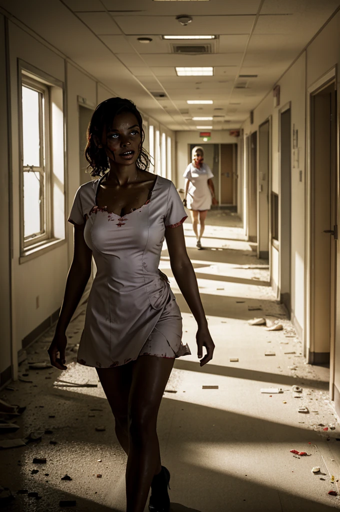 Realistic image of a zombie woman dressed as a nurse, short dress, torn dress that shows her big breasts, she walks disoriented through the corridor of a hospital, Abandoned hospital, natural light coming through the windows.