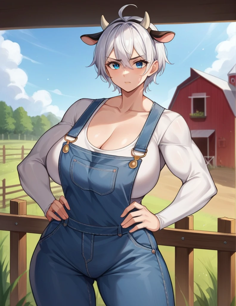 score_9, score_8_up, score_7_up, source_anime,
cowgirl, cow girl, ahoge, white hair, ice blue eyes, short hair, contempt look on face,
cleavage, collarbone, frills, long sleeves, overalls, suspenders,large breasts, wide hips, milf,
outdoors, farm, cows, in a barn
looking down at viewer, cowboy shot, hands on hips, dynamic pose, cow ears, cow horns, no human ears, not shirt, skimpy clothes, tall, muscular, bulky, milk